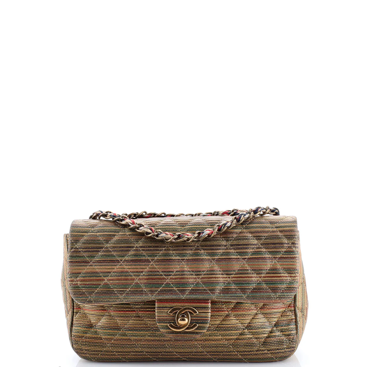 Multicolor Stripe Flap Bag Raffia Effect Braided Chain Small - Deep Luxury