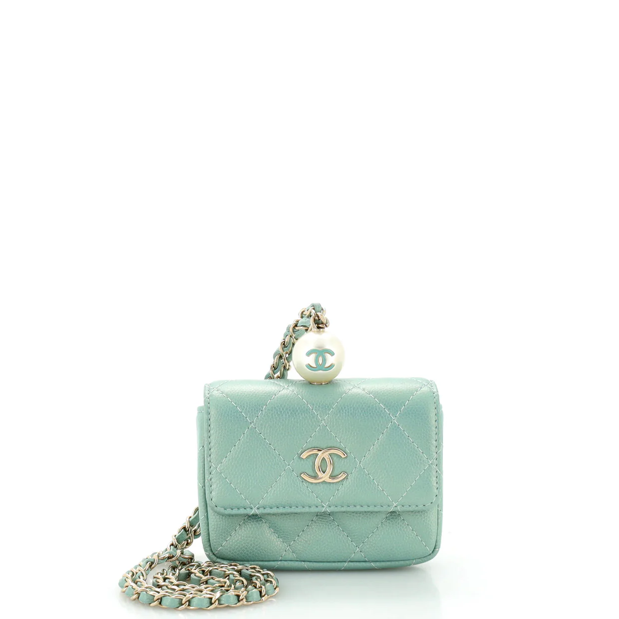 CC Pearl Coin Card Holder with Chain Quilted Iridescent Caviar - Deep Luxury
