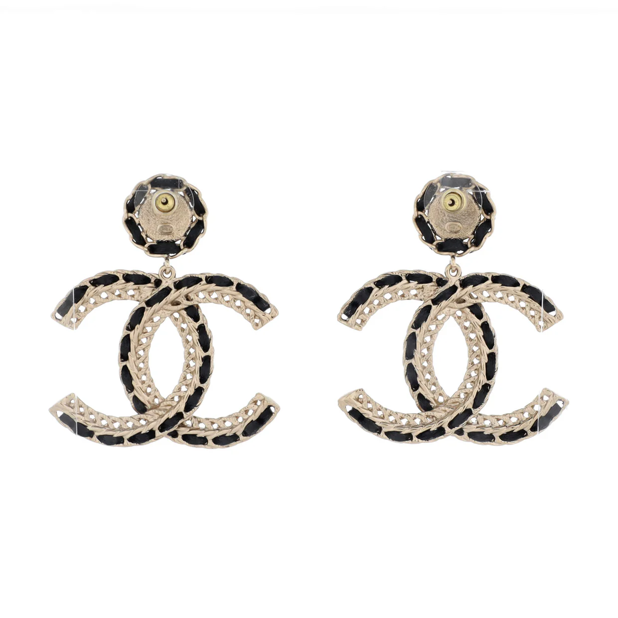 CC Woven Chain Drop Earrings Metal and Leather - Deep Luxury