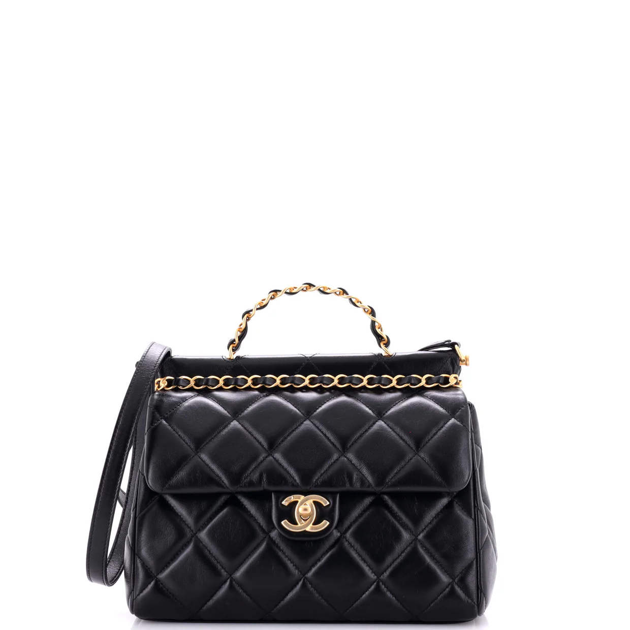 CC Bar Chain Top Handle Convertible Flap Bag Quilted Lambskin Small - Deep Luxury