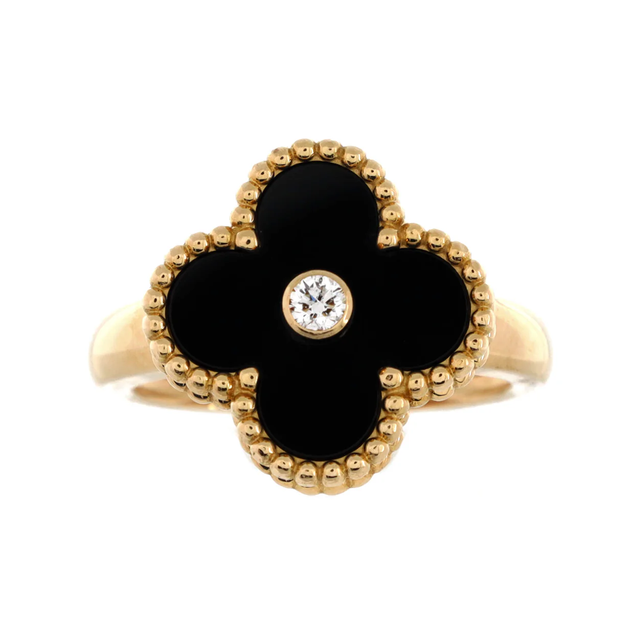 Vintage Alhambra Ring 18K Yellow Gold with Onyx and Diamond - Deep Luxury