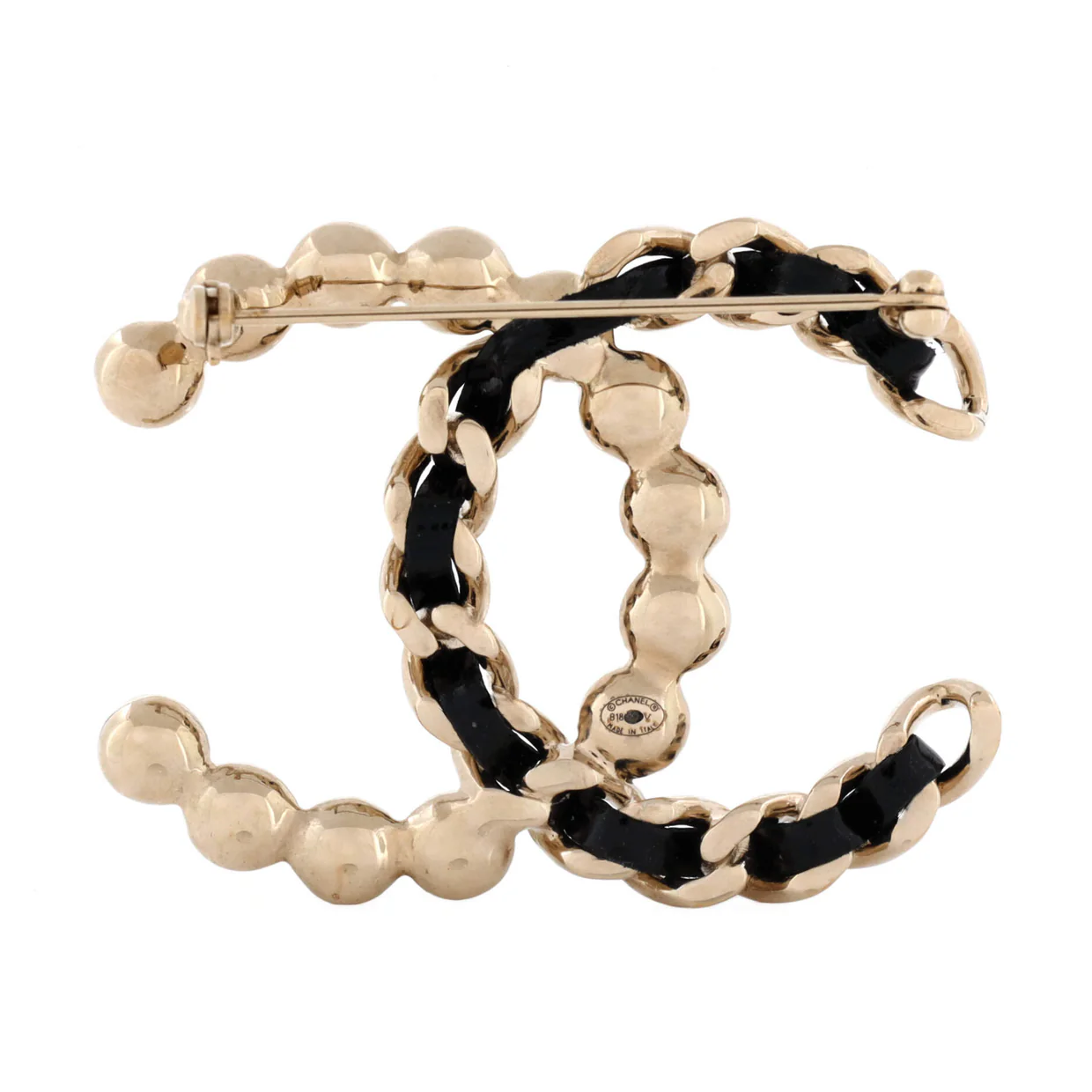 CC Chain Brooch Metal and Leather with Faux Pearls - Deep Luxury