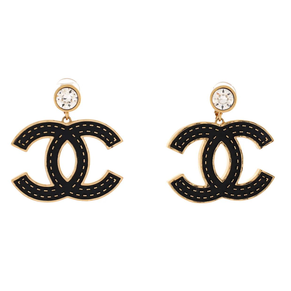 CC Drop Clip-On Earrings Metal with Crystals and Leather - Deep Luxury