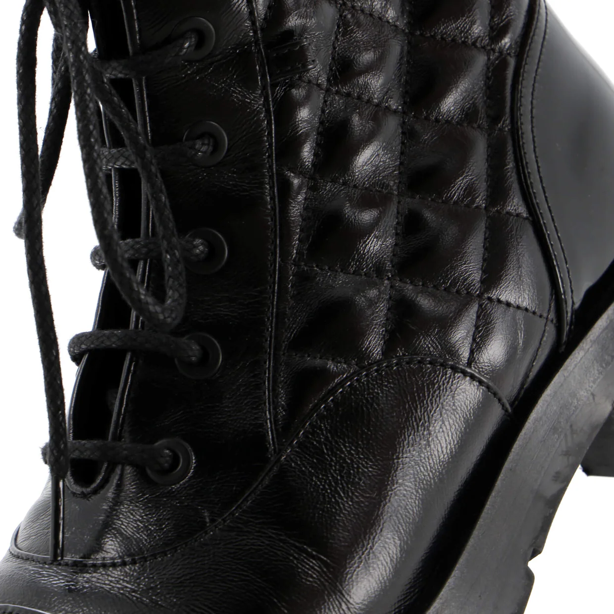 Women's Charm Chain CC Cap Toe Combat Boots Quilted Leather - Deep Luxury