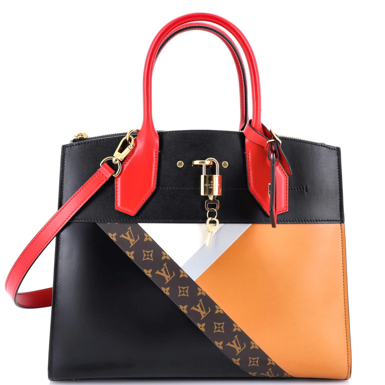 City Steamer Handbag Leather with Monogram Canvas MM - Deep Luxury