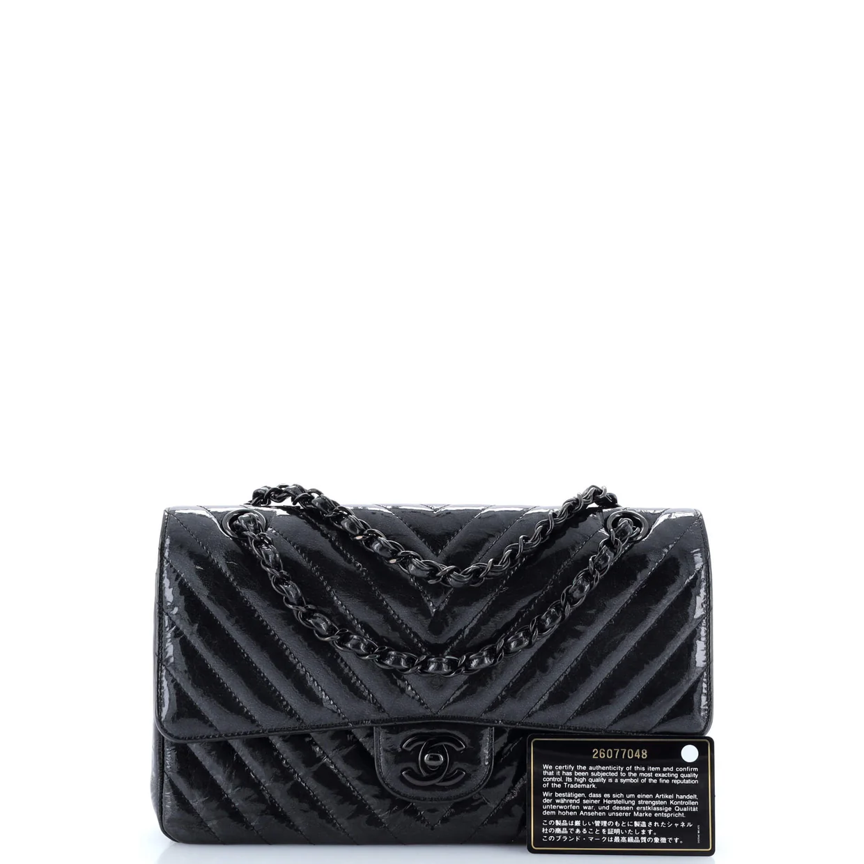 So Black Classic Double Flap Bag Chevron Crinkled Patent Medium - Deep Luxury