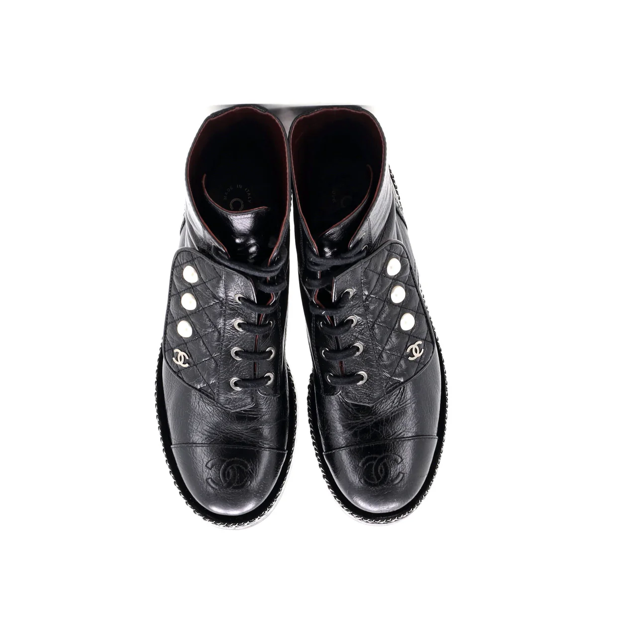 Women's Cap Toe CC Chain Around Pearl Combat Boots Leather - Deep Luxury