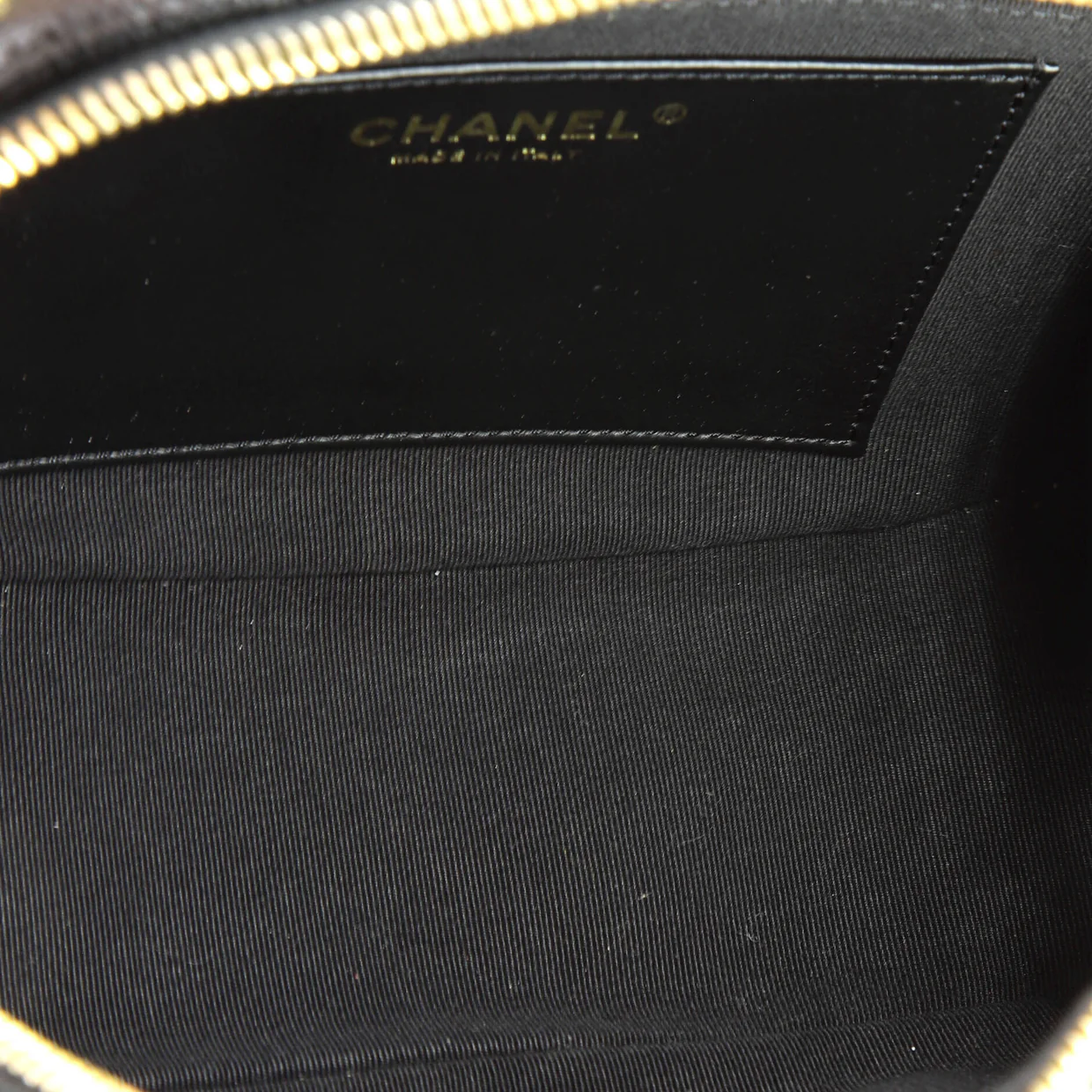 CC Top Handle Zip Around Vanity Case with Chain Quilted Caviar Small - Deep Luxury