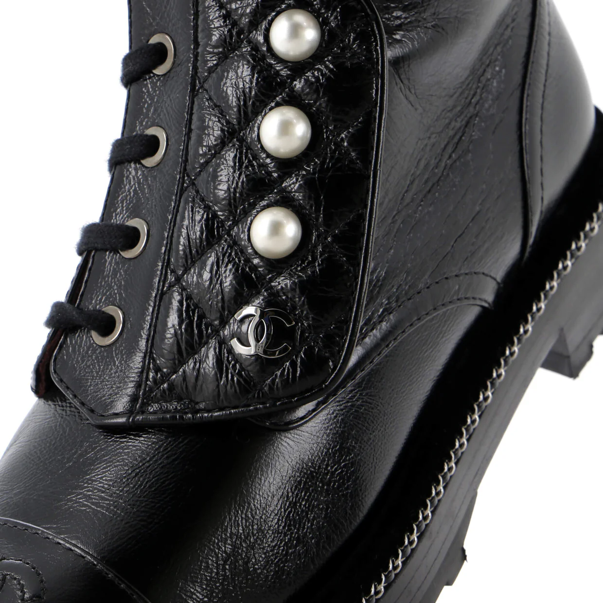 Women's Cap Toe CC Chain Around Pearl Combat Boots Leather - Deep Luxury