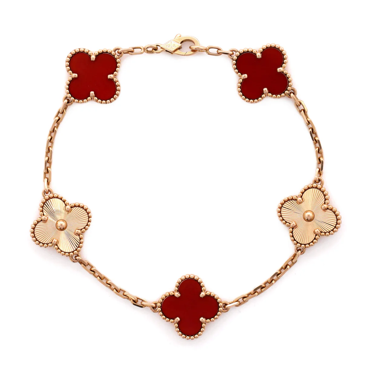 Vintage Alhambra 5 Motifs Bracelet Guilloche 18K Rose Gold and Carnelian - Deep Luxury