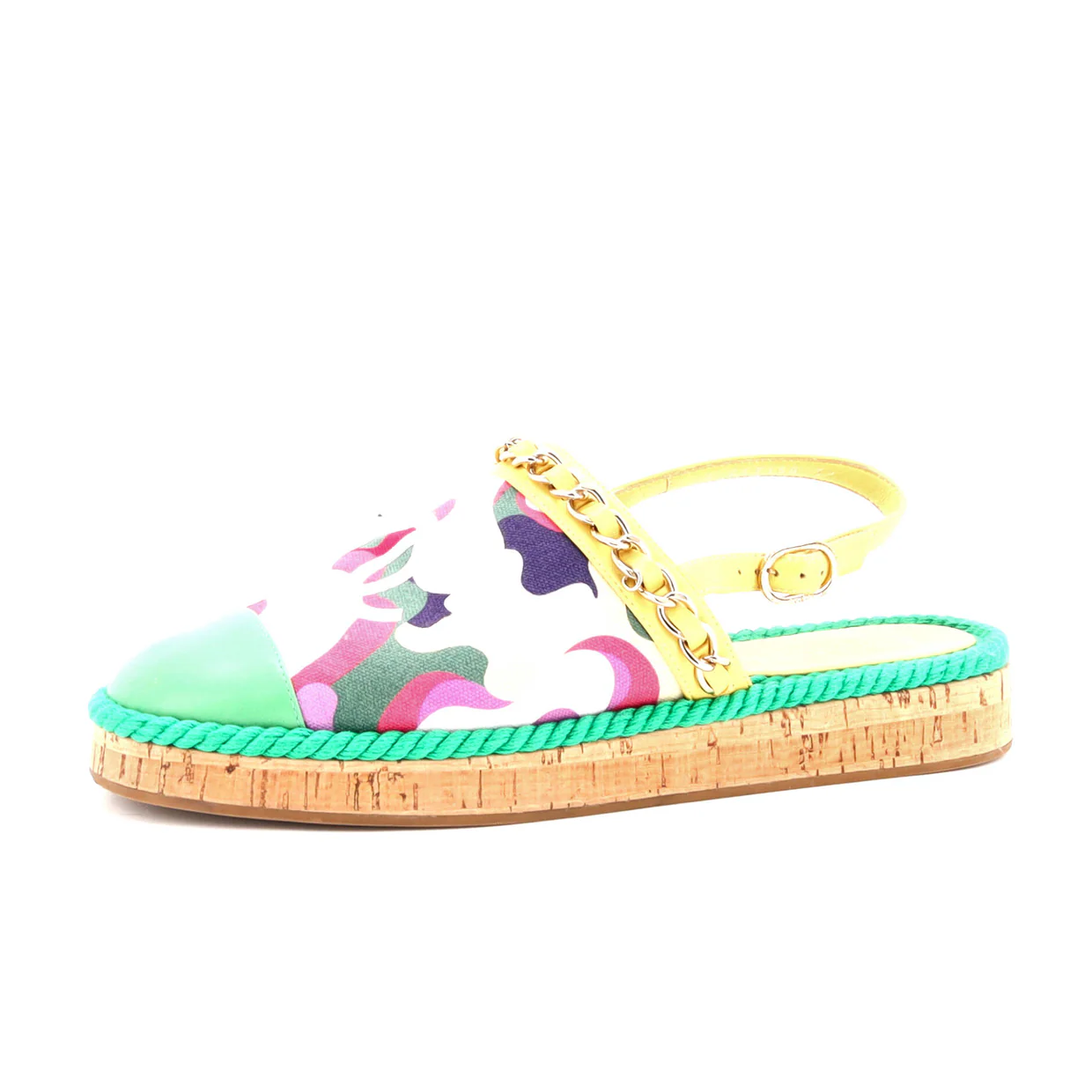 Women's Cap Toe CC Chain Slingback Mules Printed Cotton and Leather with Cork - Deep Luxury