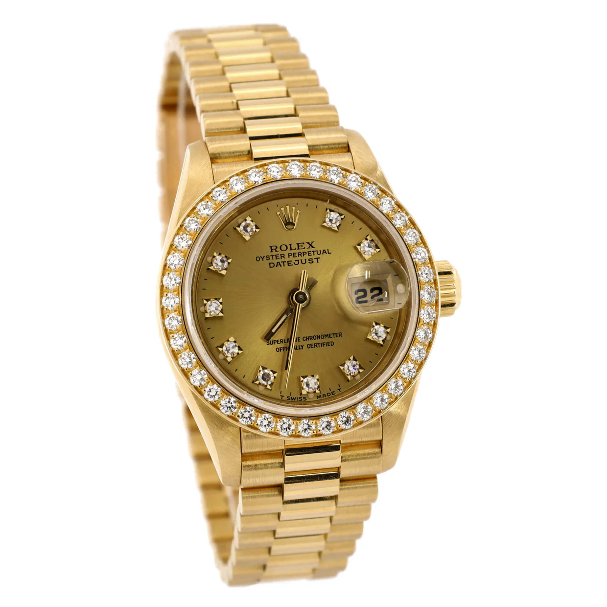 Oyster Perpetual President Datejust Automatic Watch Yellow Gold with Diamond Bezel and Markers 26 - Deep Luxury