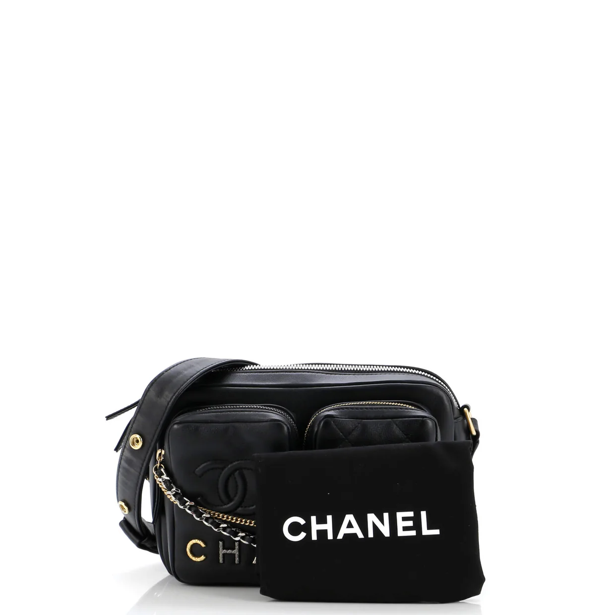 Logo Twin Pockets Chain Camera Case Quilted Calfskin Small - Deep Luxury