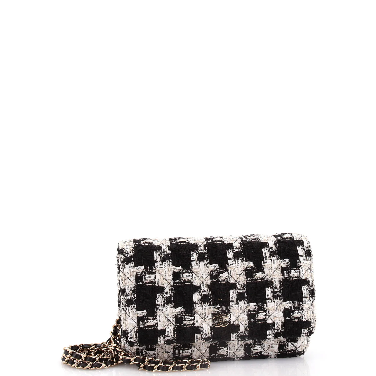 Wallet on Chain Quilted Houndstooth Tweed and Ribbon - Deep Luxury