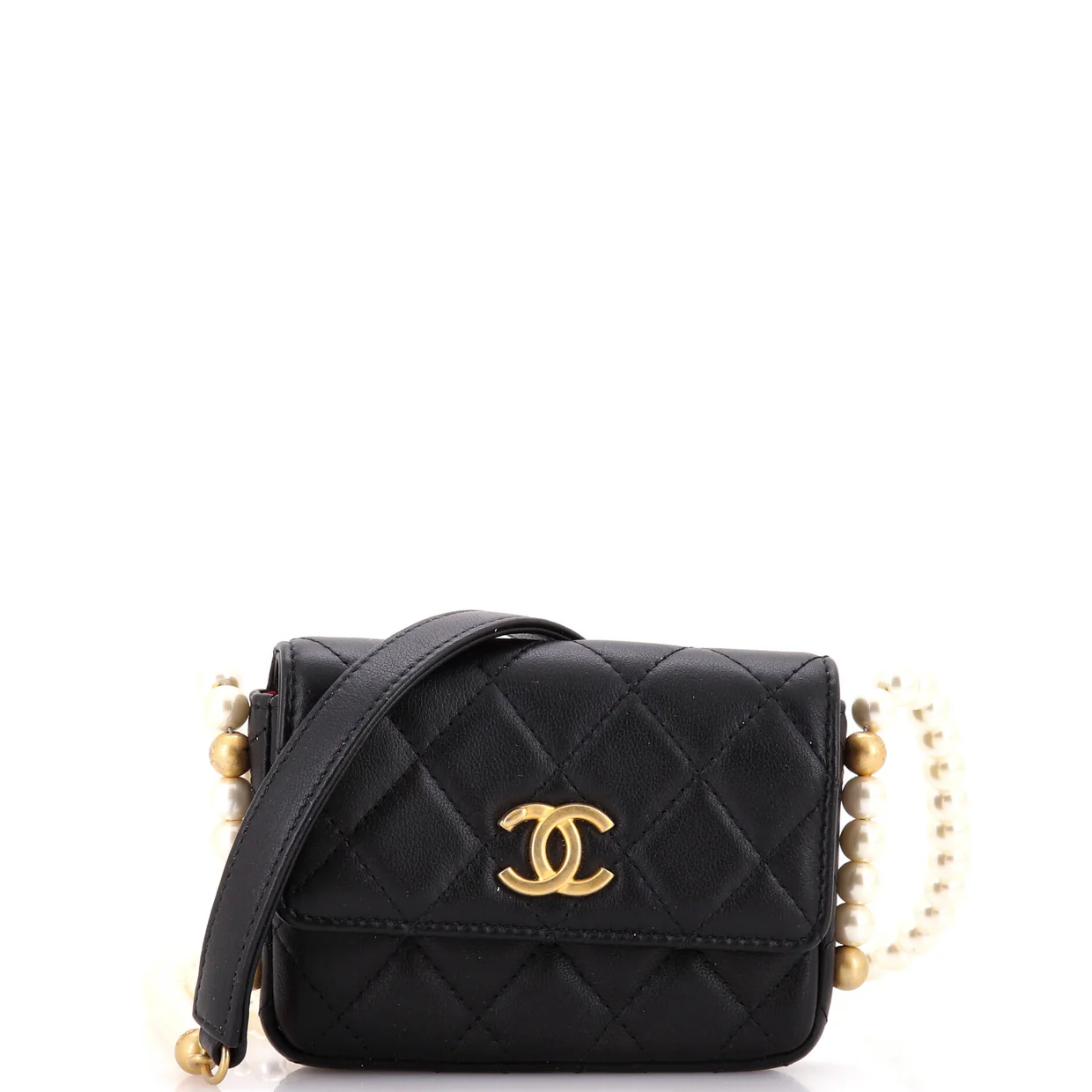 About Pearls Flap Card Holder with Chain Quilted Calfskin - Deep Luxury
