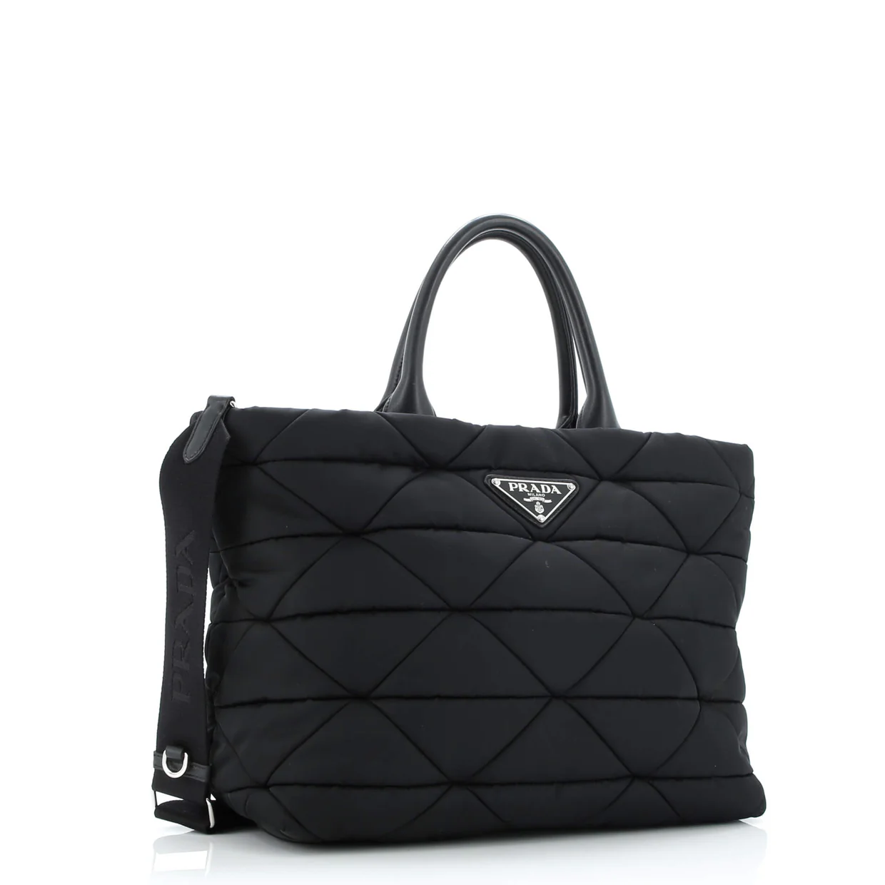 Padded Tote Bag Quilted Re-Nylon with Leather Medium - Deep Luxury