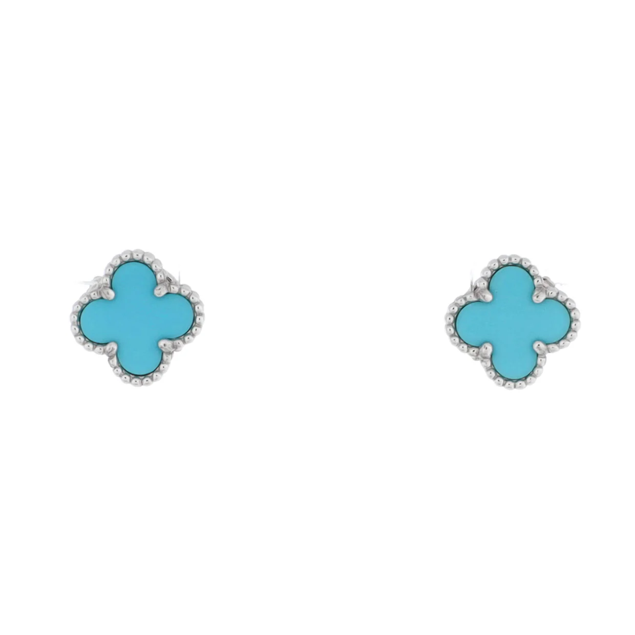 Sweet Alhambra Stud Earrings 18K White Gold and Turquoise - Deep Luxury