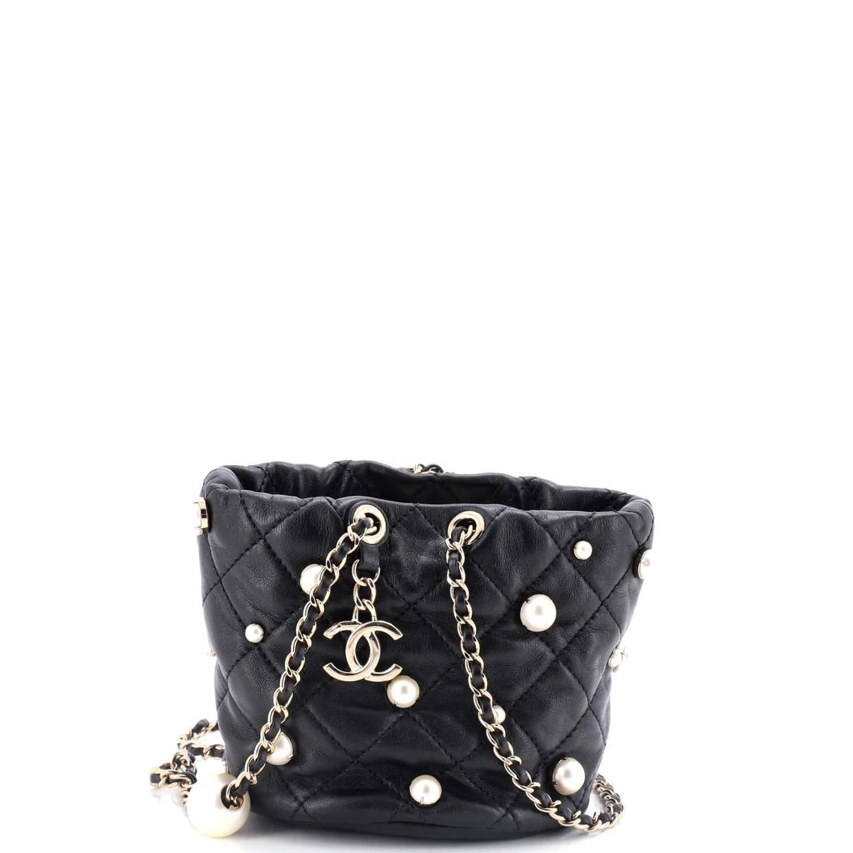 Drawstring Round Bucket Bag Pearl Embellished Quilted Lambskin Mini - Deep Luxury