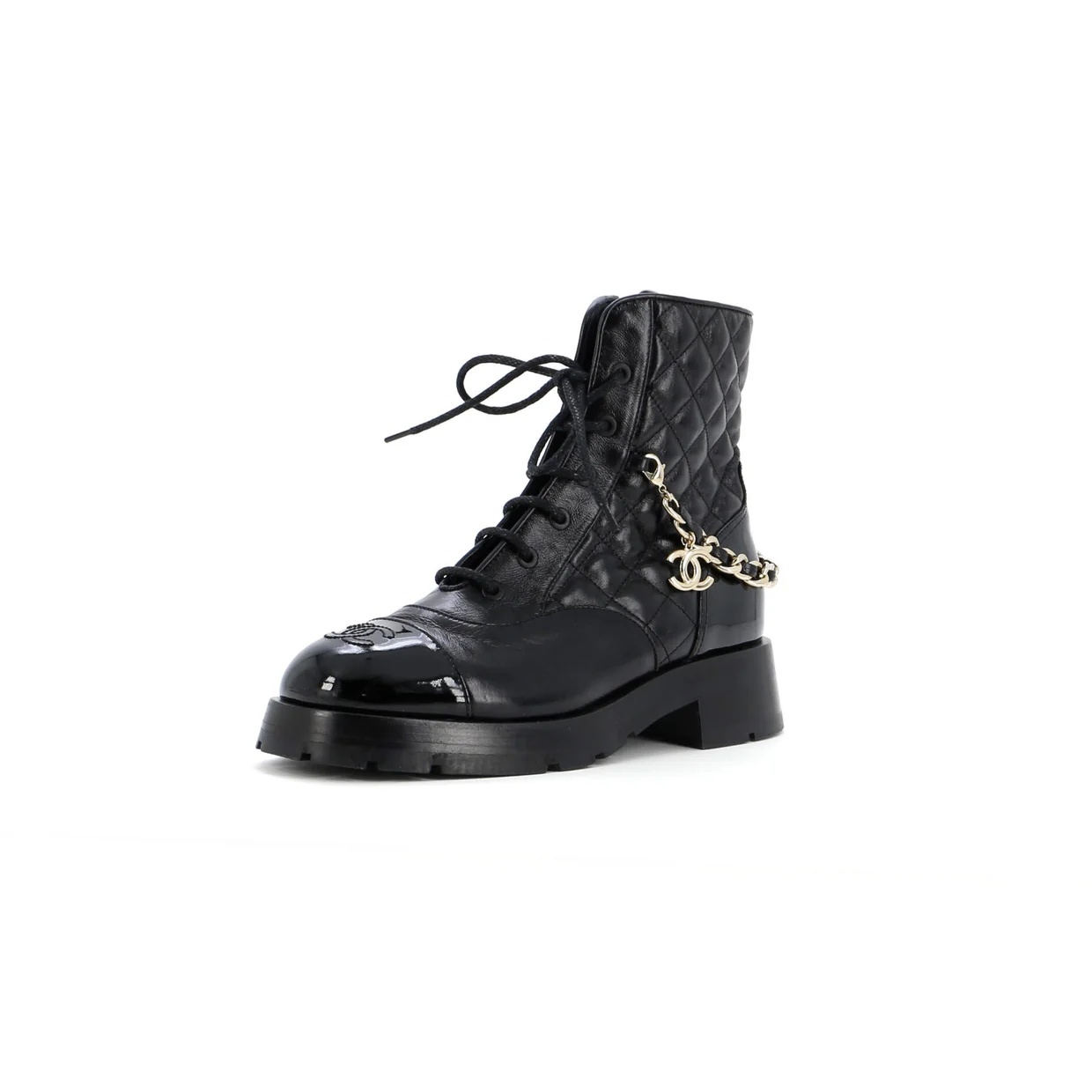 Women's Charm Chain CC Cap Toe Combat Boots Quilted Leather - Deep Luxury