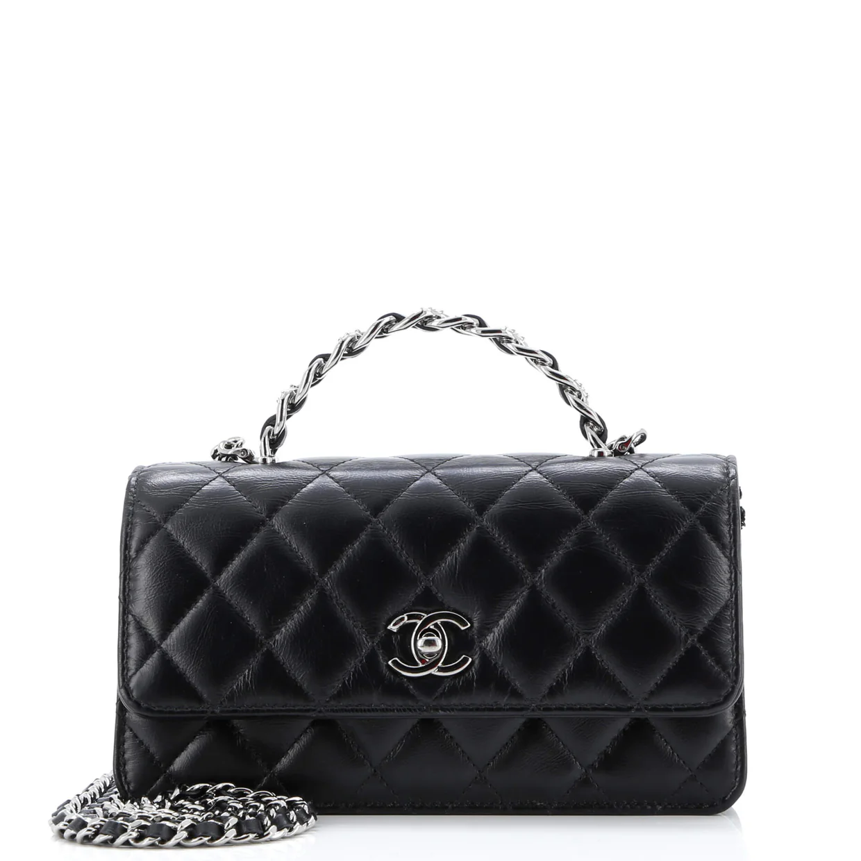 Top Handle Phone Holder with Chain Quilted Lambskin with Crystals - Deep Luxury