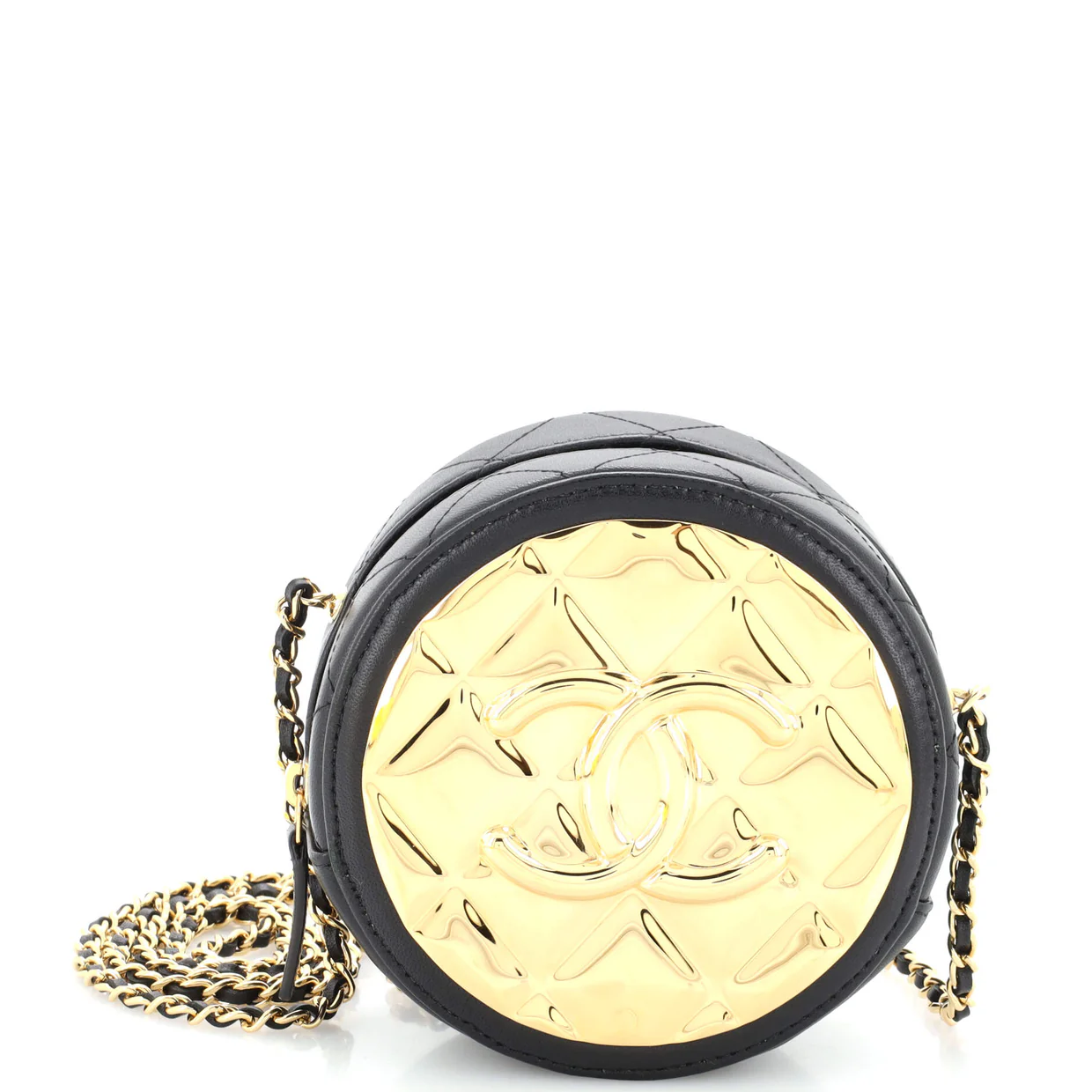Golden Plate Round Clutch with Chain Quilted Metal and Lambskin Mini - Deep Luxury
