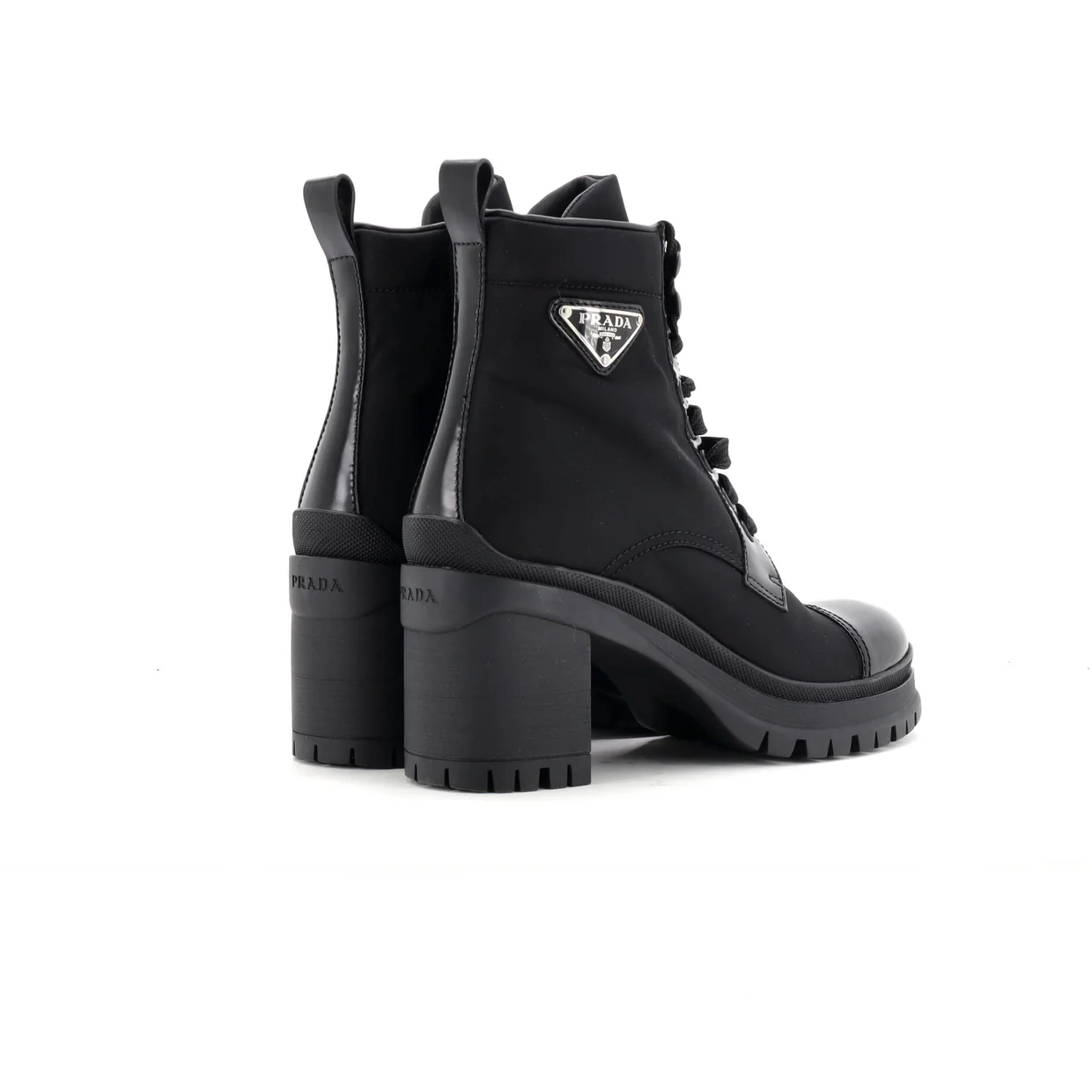Women's Triangle Logo Heeled Ankle Boots Nylon and Leather - Deep Luxury