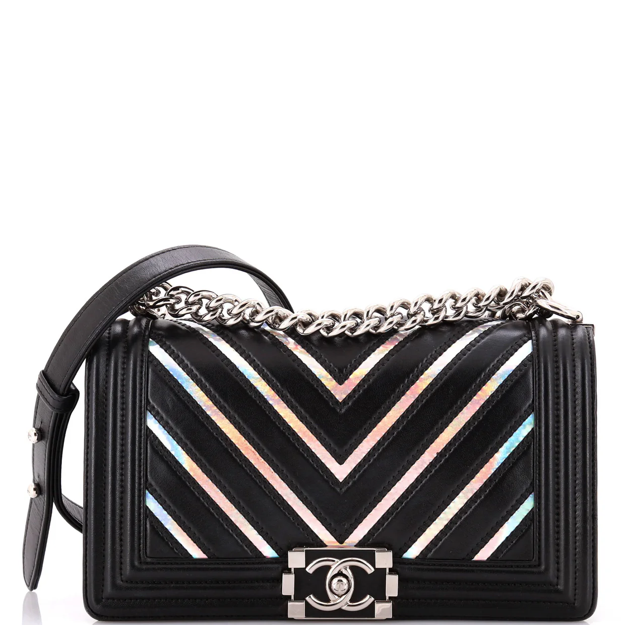 Boy Flap Bag Chevron Lambskin with Holographic PVC Old Medium - Deep Luxury