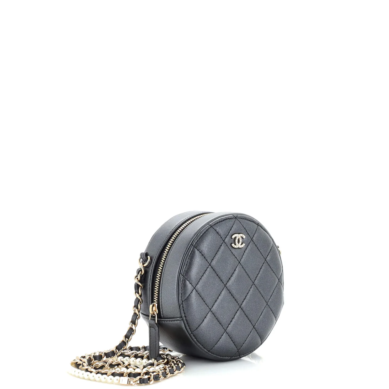 Pearl Strap Round Clutch with Chain Quilted Iridescent Lambskin - Deep Luxury