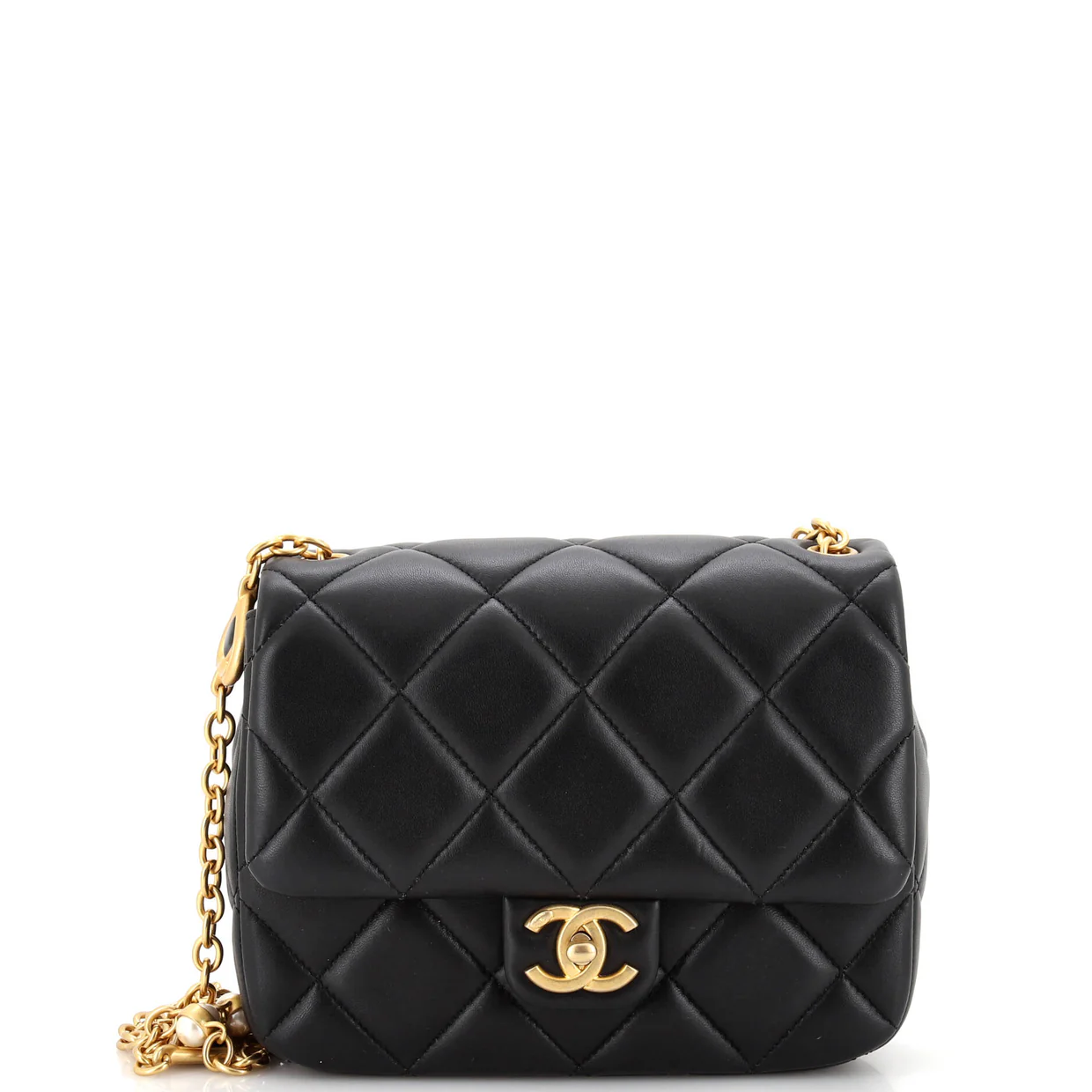 CC Enamel Pearl Charm Me Square Flap Bag Quilted Lambskin Mini - Deep Luxury