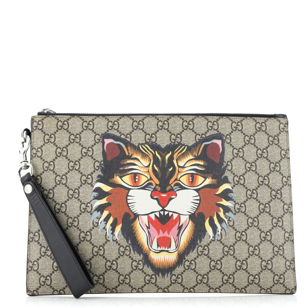 Zipped Pouch Angry Cat GG Coated Canvas Large - Deep Luxury