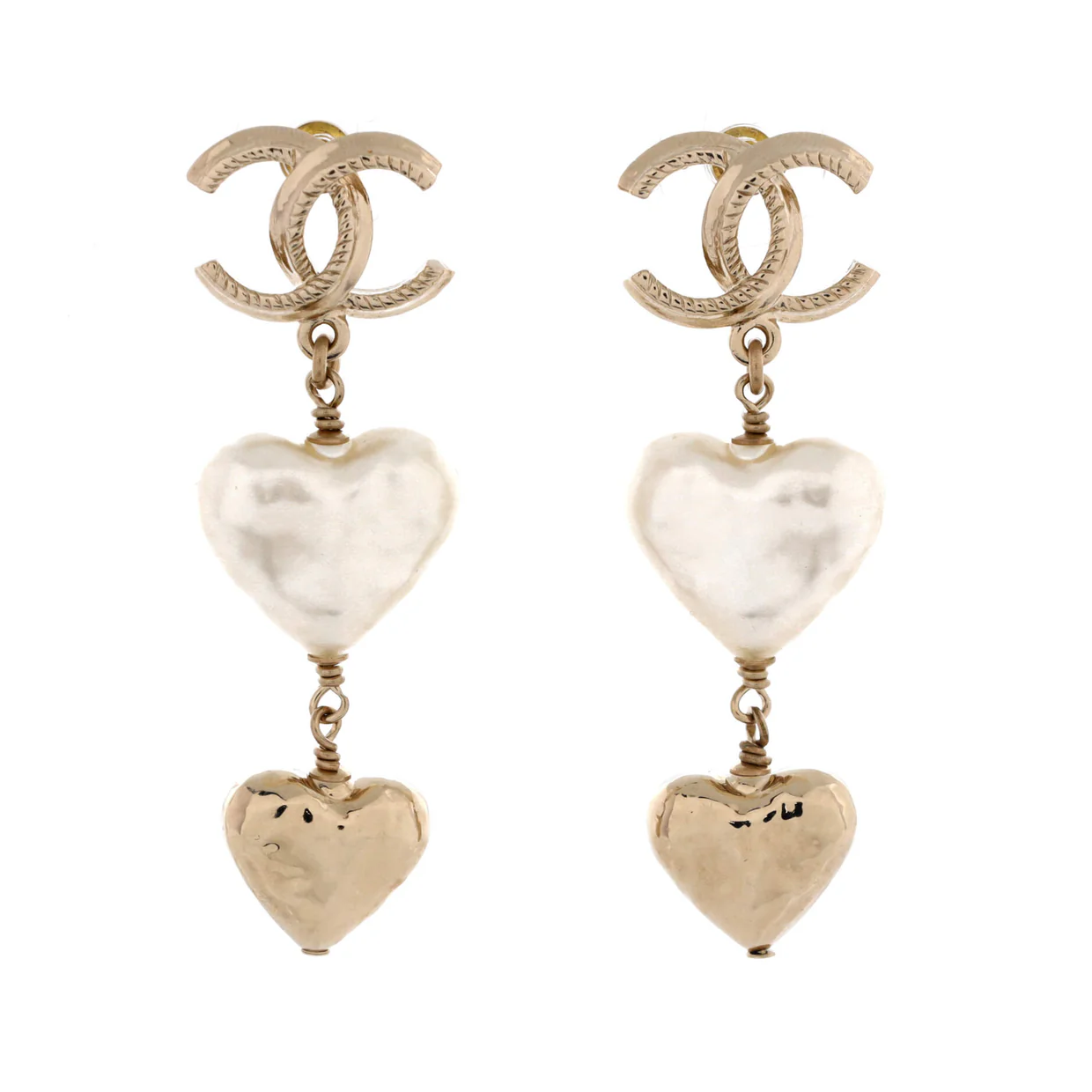 CC Pearl Double Heart Drop Earrings Metal with Resin - Deep Luxury