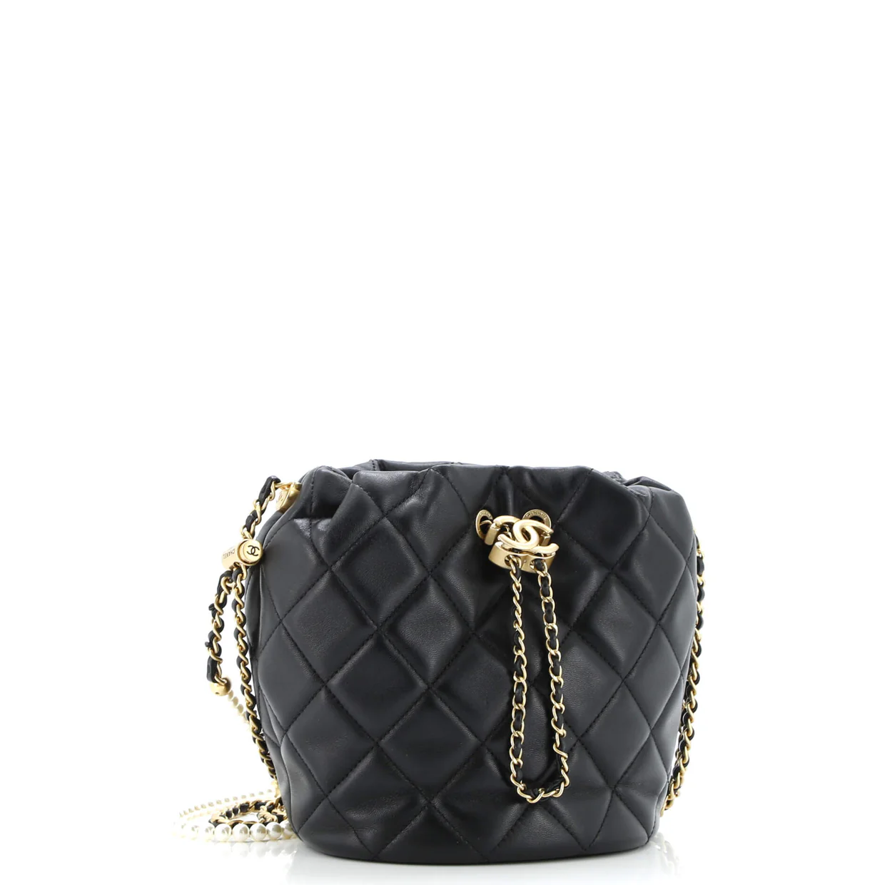 My Perfect Chain Bucket Drawstring Bag Quilted Lambskin with Faux Pearls - Deep Luxury
