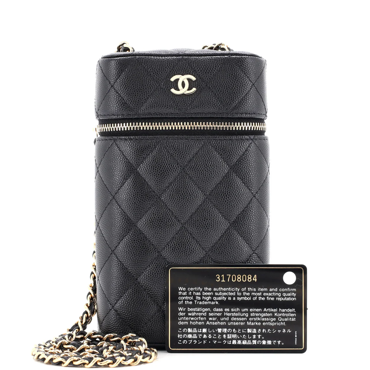 Classic Vanity Phone Holder with Chain Quilted Caviar - Deep Luxury