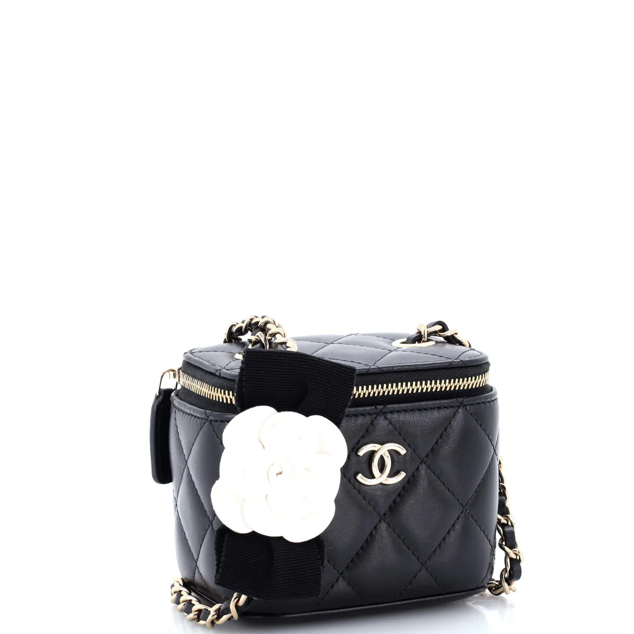 Camellia Bow Vanity Case with Chain Quilted Lambskin Mini - Deep Luxury