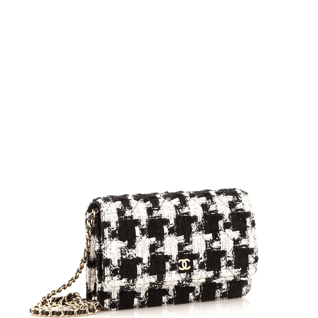 Wallet on Chain Quilted Houndstooth Tweed and Ribbon - Deep Luxury