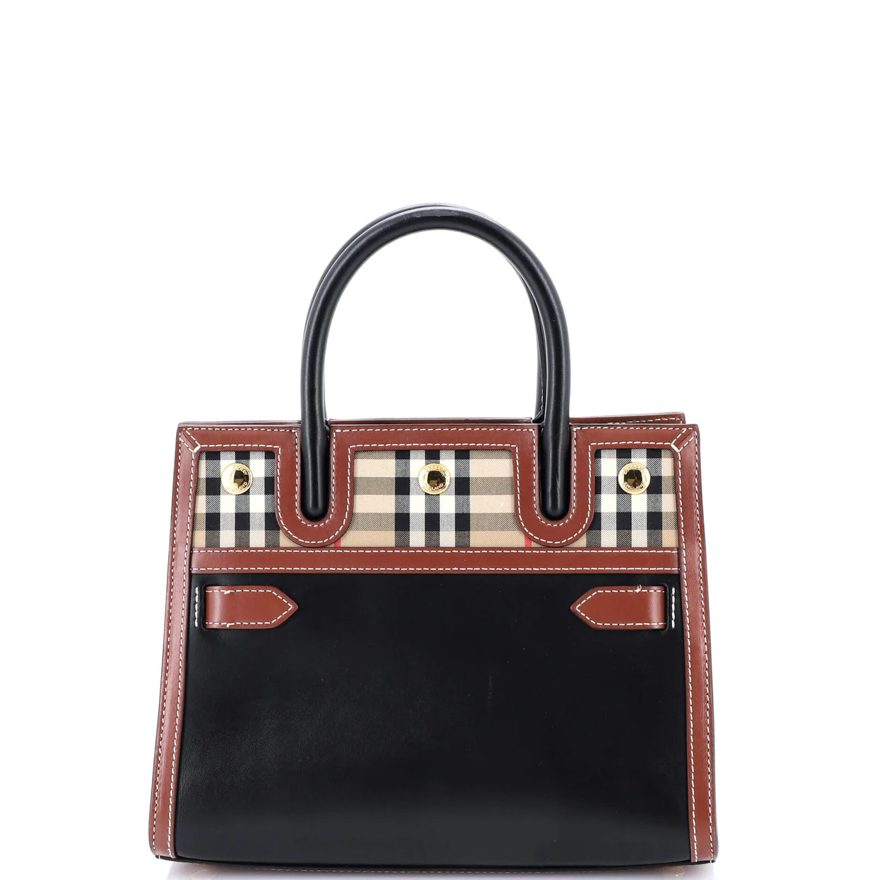 Title Two Handle Tote Leather with Vintage Check Canvas Mini - Deep Luxury