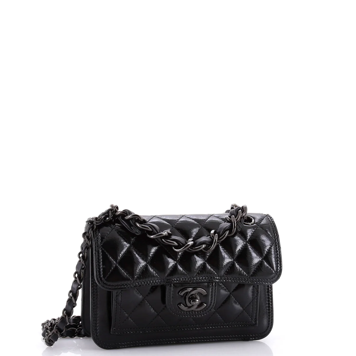 So Black Double You CC Flap Bag Quilted Shiny Crumpled Calfskin Mini - Deep Luxury