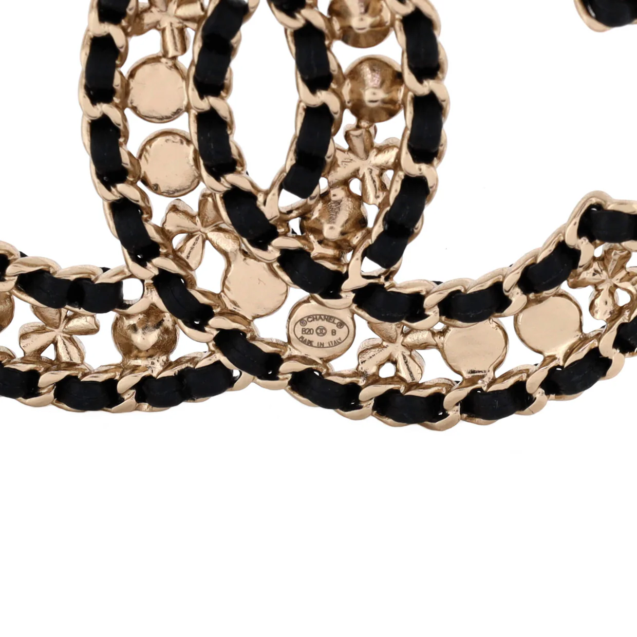 CC Chain Brooch Metal and Leather with Crystals and Faux Pearl - Deep Luxury