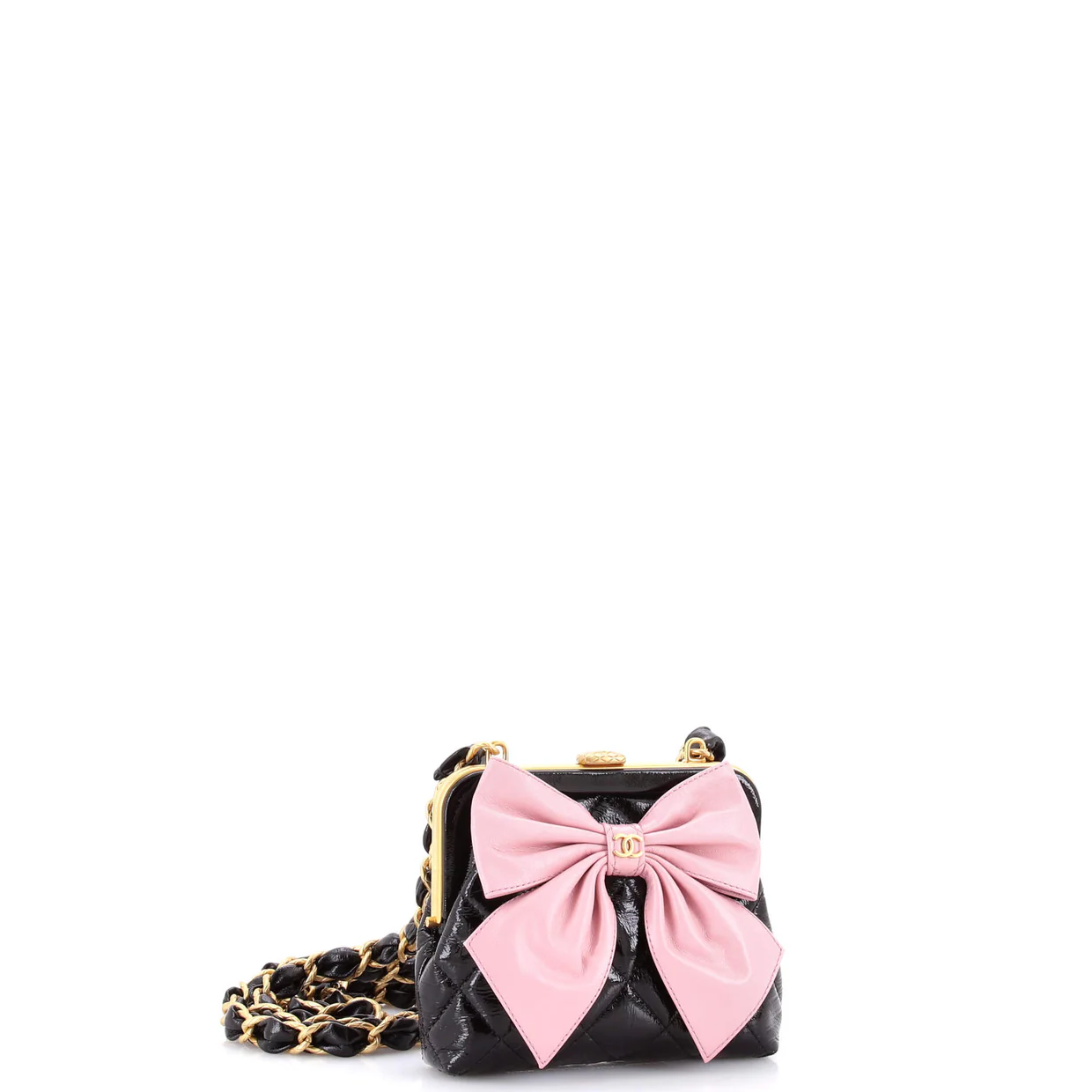 Bow Frame Clutch With Chain Quilted Patent with Lambskin Mini - Deep Luxury