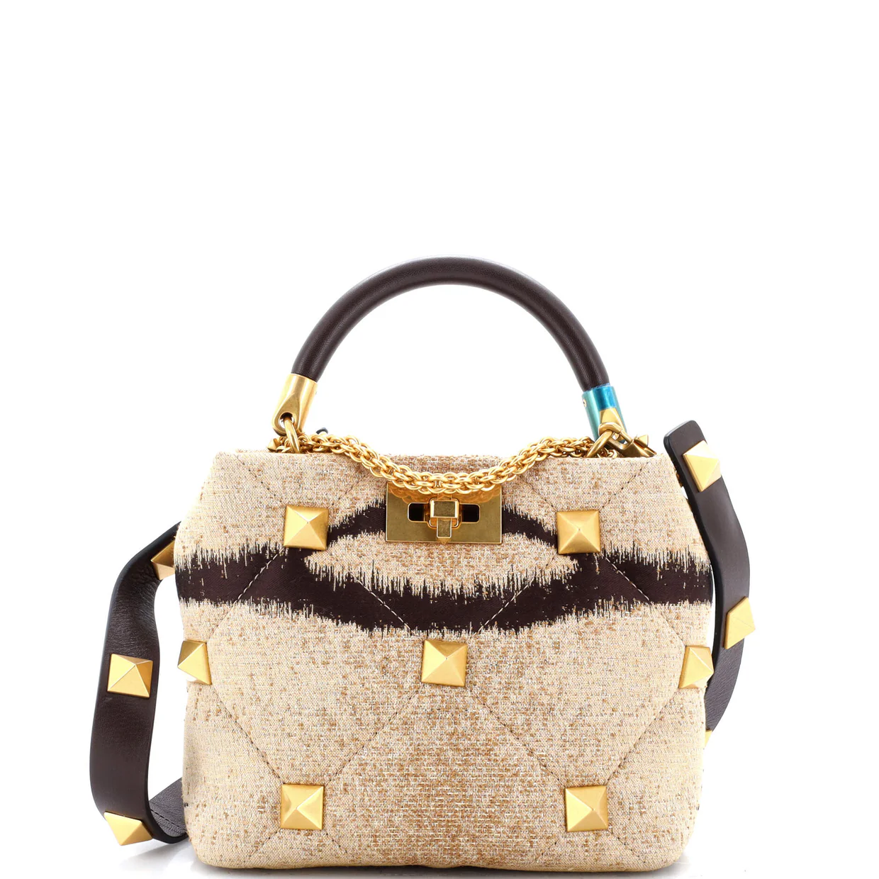 Roman Stud Top Handle Bag Quilted Printed Jacquard with Leather Small - Deep Luxury