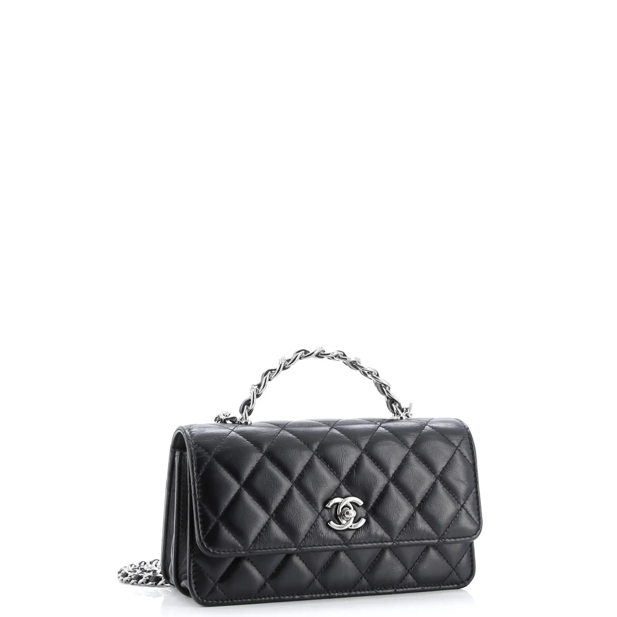 Top Handle Phone Holder with Chain Quilted Lambskin with Crystals - Deep Luxury