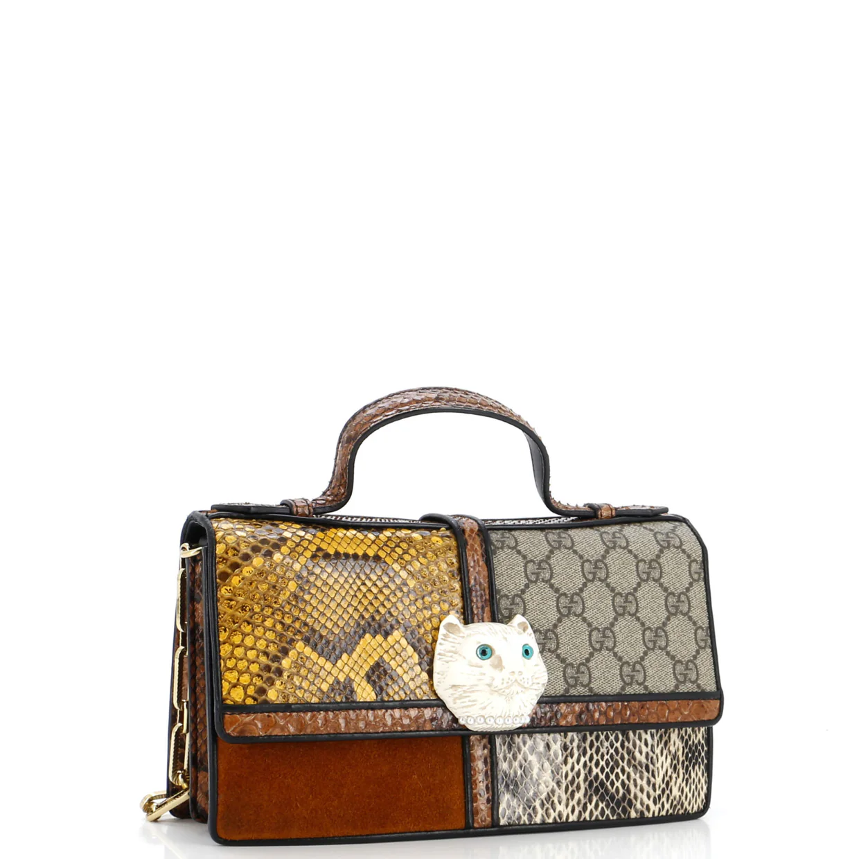 Feline Face Top Handle Bag GG Coated Canvas and Python Small - Deep Luxury