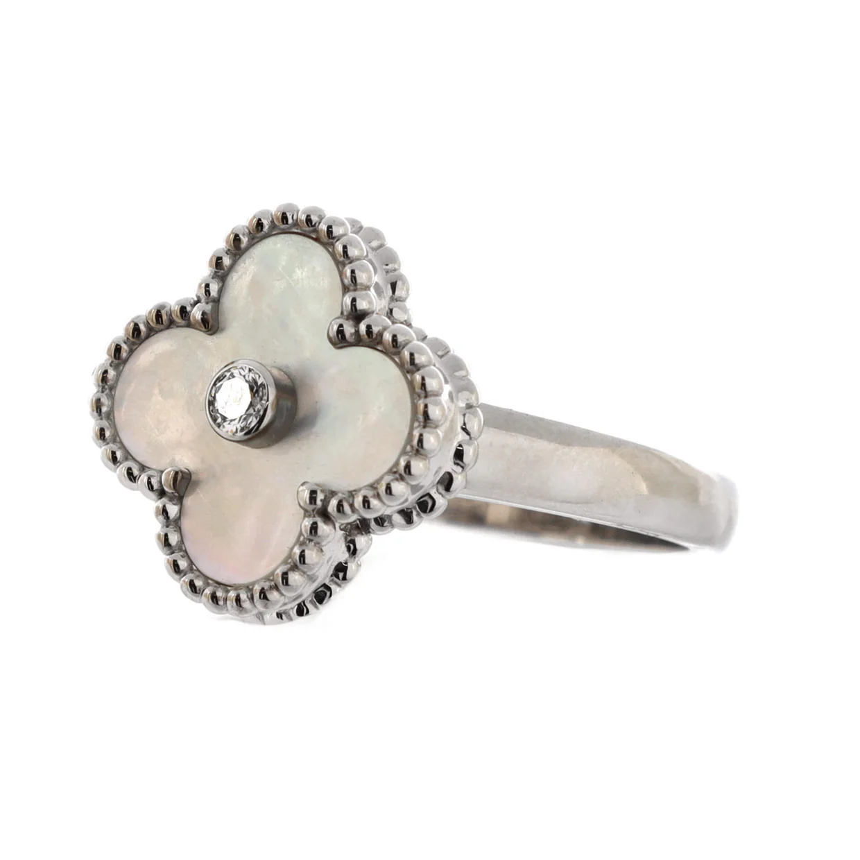 Vintage Alhambra Ring 18K White Gold with Mother of Pearl and Diamond - Deep Luxury
