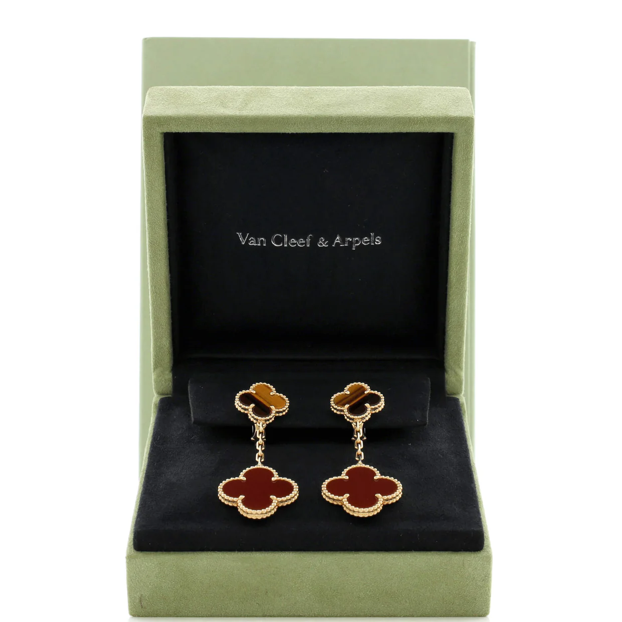 Magic Alhambra 2 Motifs Drop Earrings 18K Yellow Gold with Tiger's Eye and Carnelian - Deep Luxury
