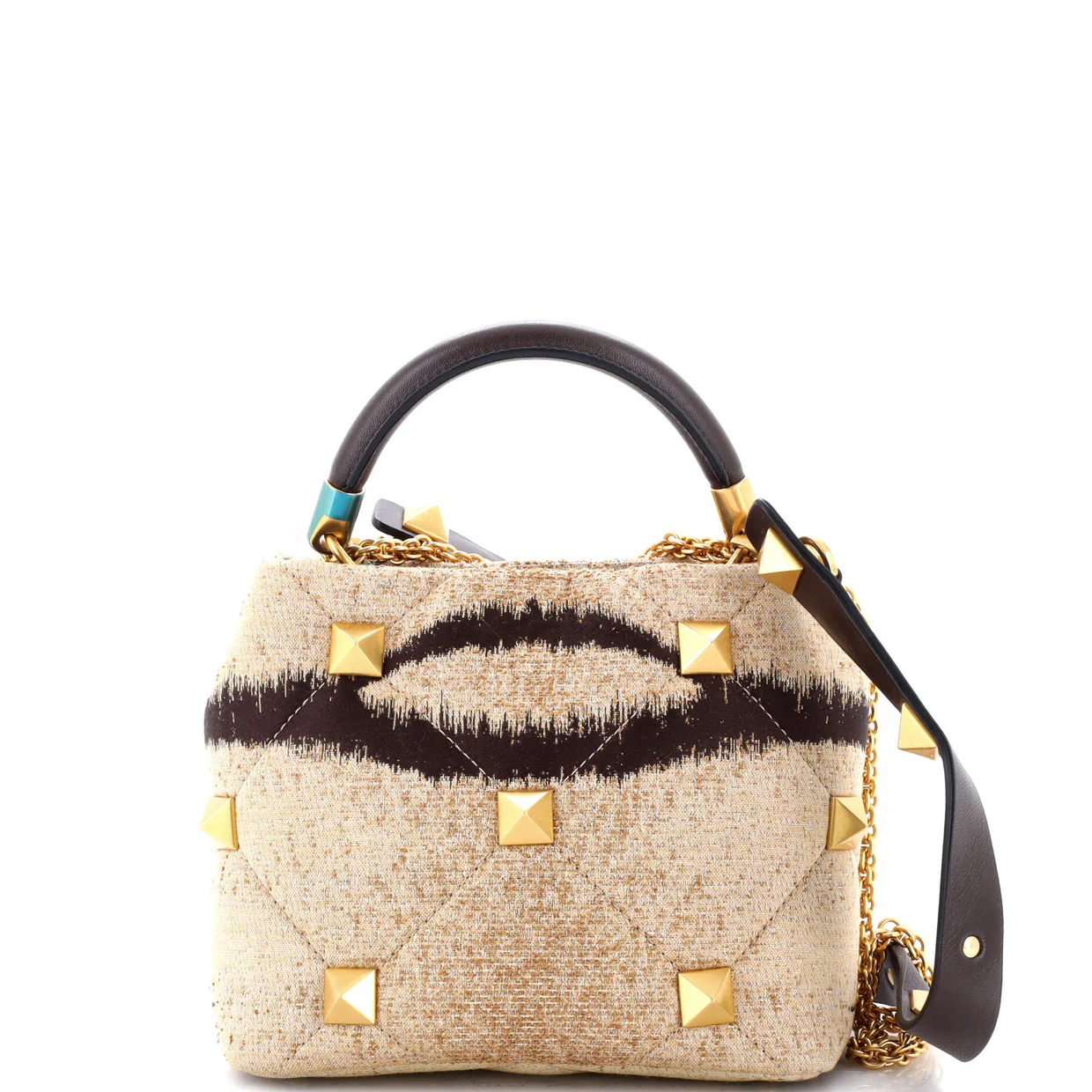 Roman Stud Top Handle Bag Quilted Printed Jacquard with Leather Small - Deep Luxury