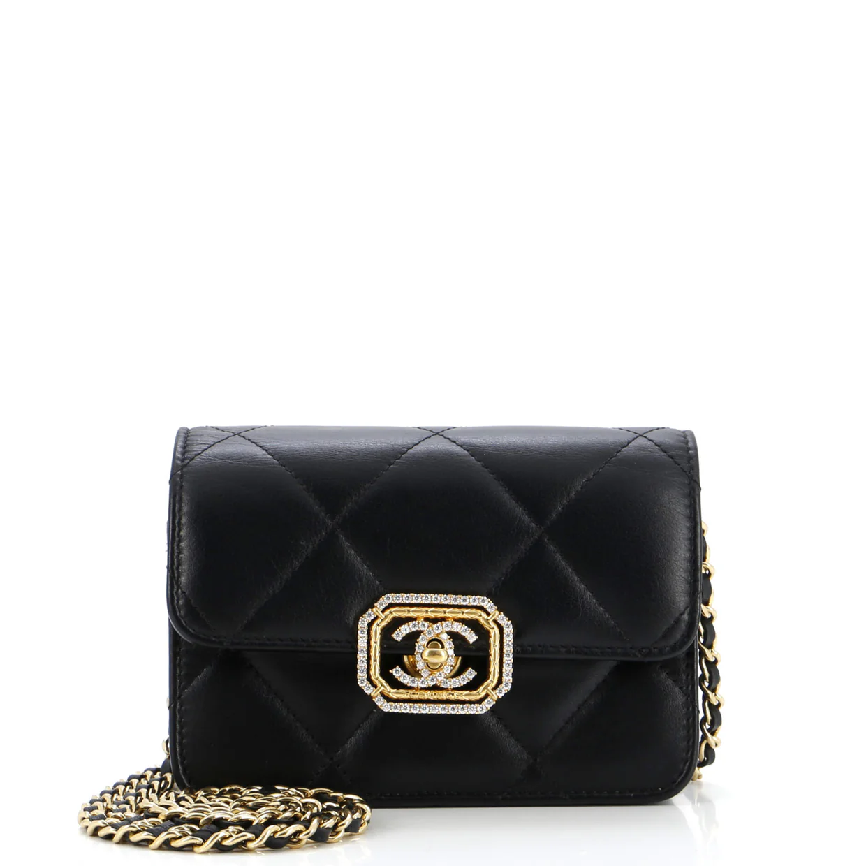 Crystal Geometric Frame CC Clutch with Chain Quilted Calfskin - Deep Luxury
