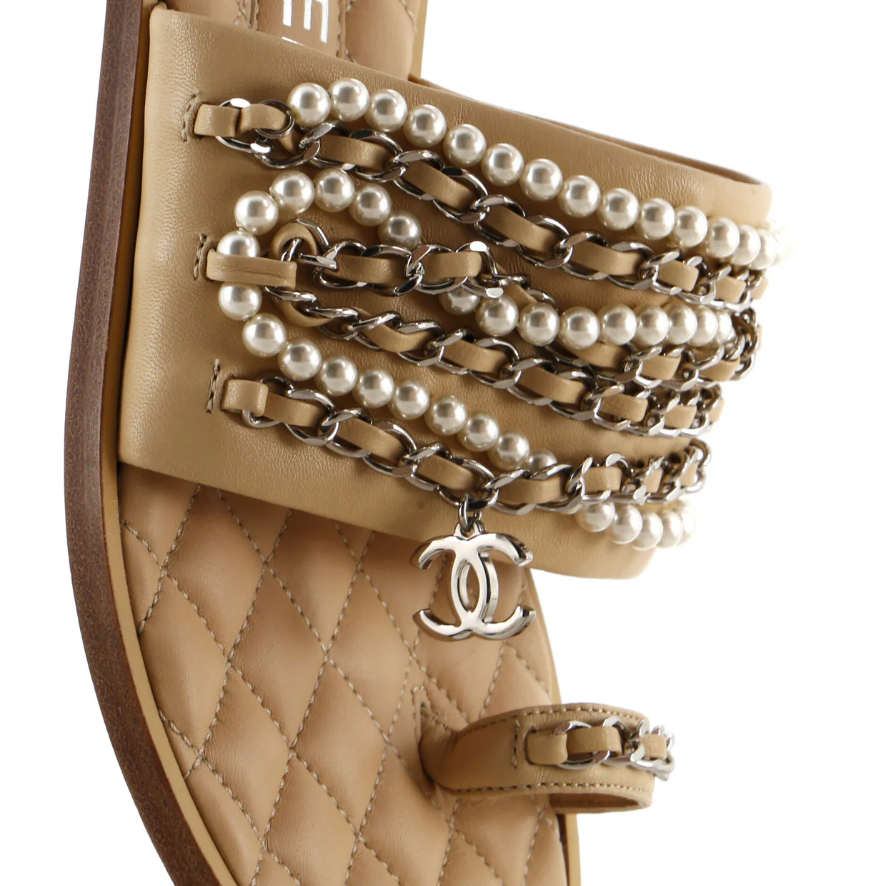 Women's Pearl Chain Slipper Sandals Leather with Metal and Faux Pearls - Deep Luxury