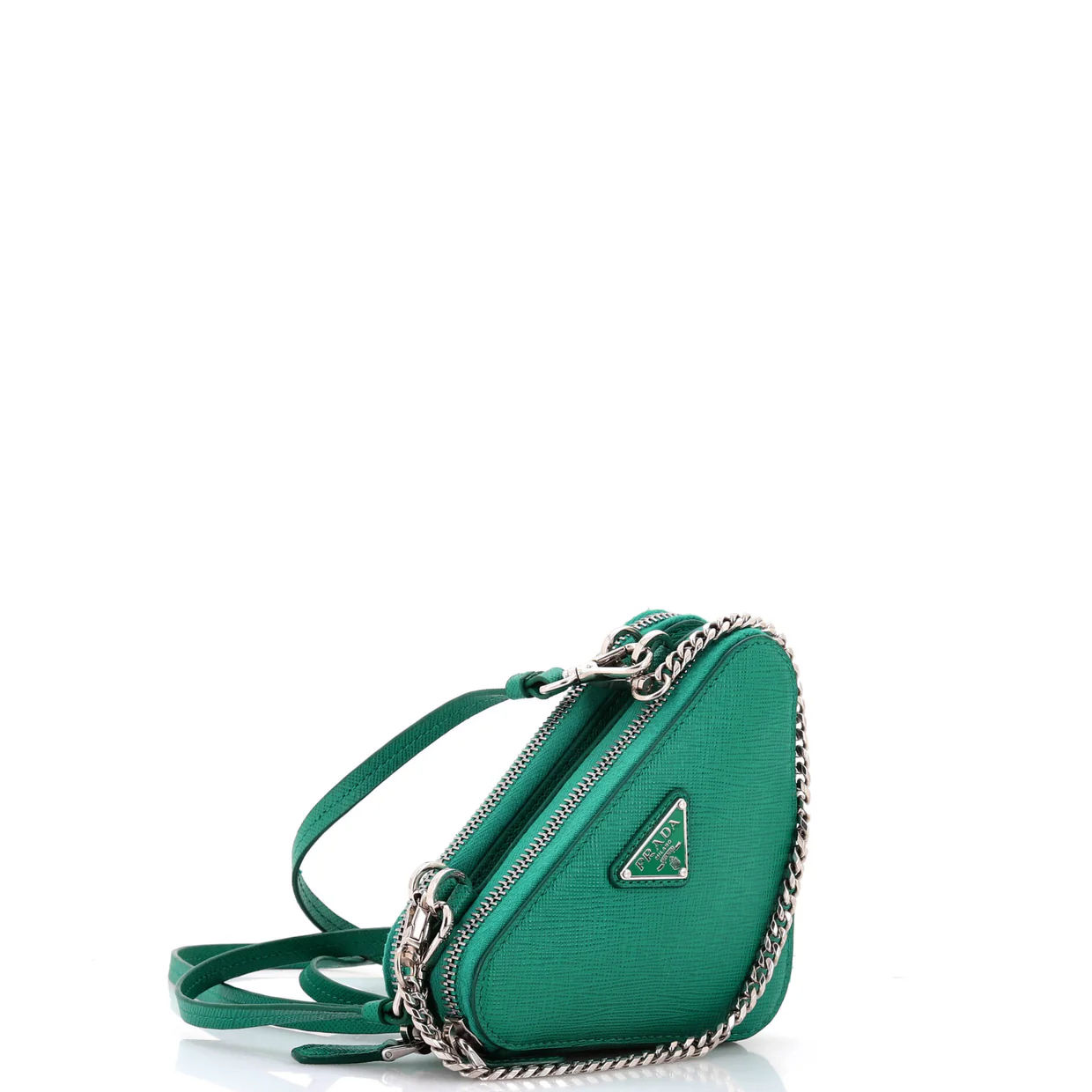 Triangle Double Zip Pouch Bag with Chain Saffiano Leather Mini - Deep Luxury