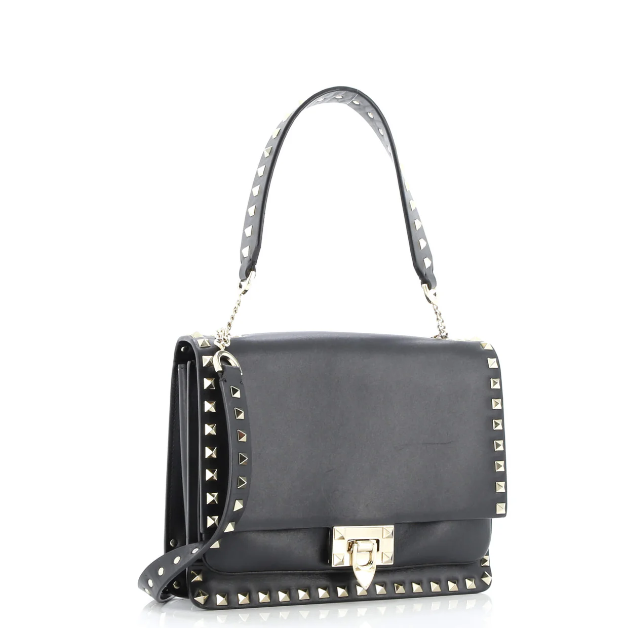 Rockstud Flip Lock Flap Top Handle Bag Leather Small - Deep Luxury