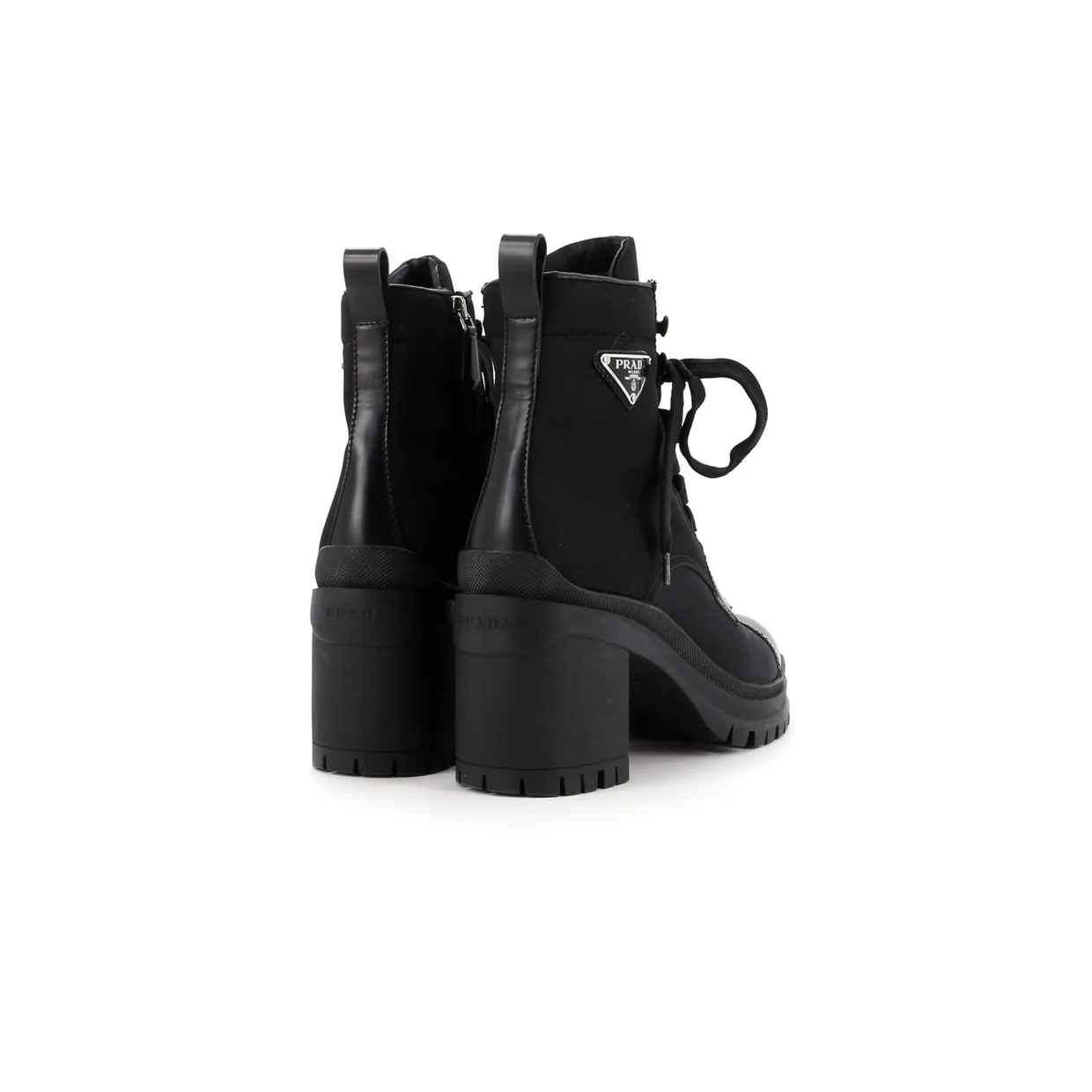 Women's Triangle Logo Heeled Ankle Boots Nylon and Leather - Deep Luxury